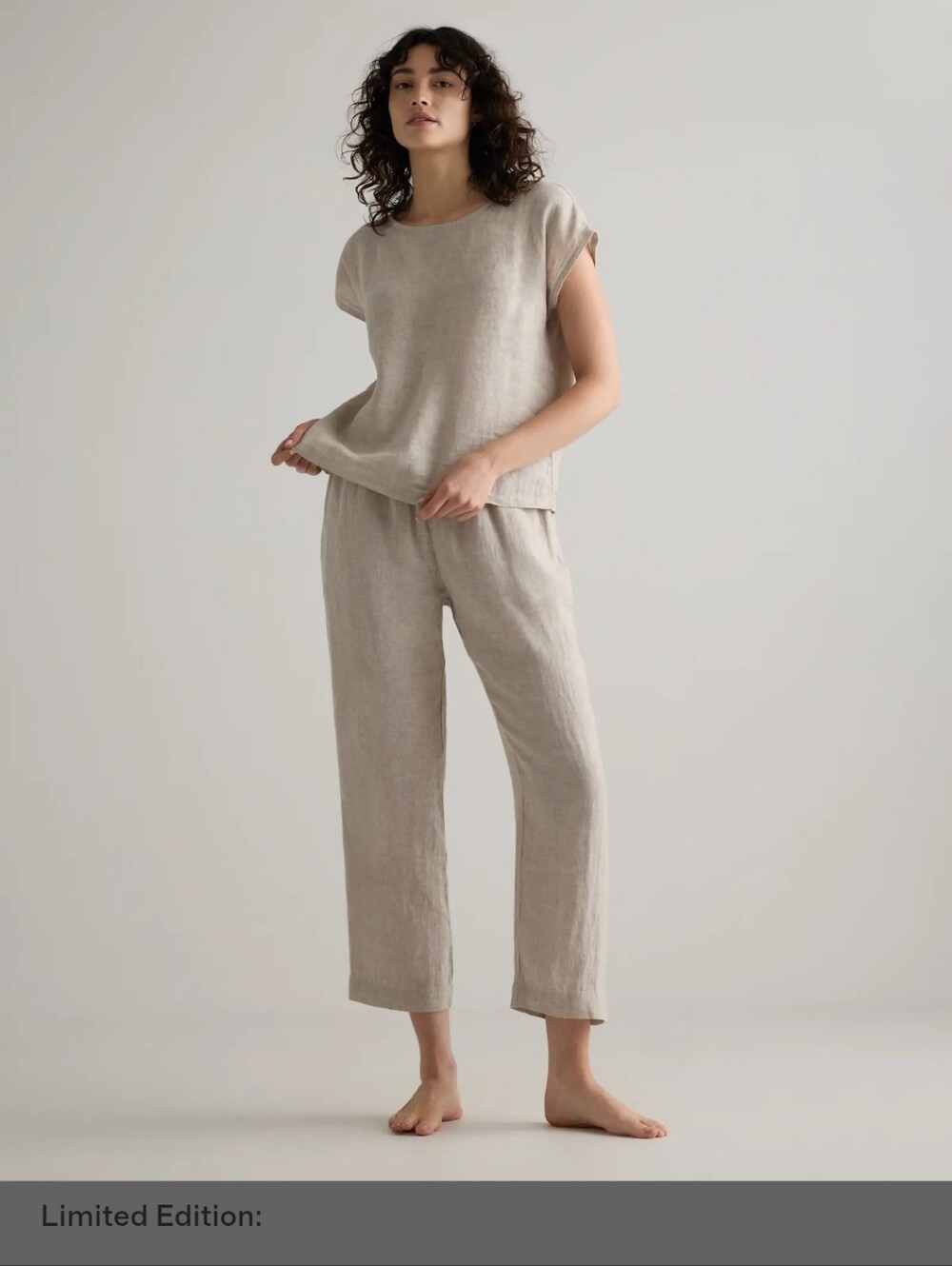 Quince Stone Beige Linen Pajama Set Cap Sleeve Top Pull-on Pant Lightweight